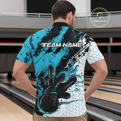 Custom Black, White And Turquoise Blue Flame Bowling Jersey, Bowling Team Men Quarter Zip Shirt IPHW12017