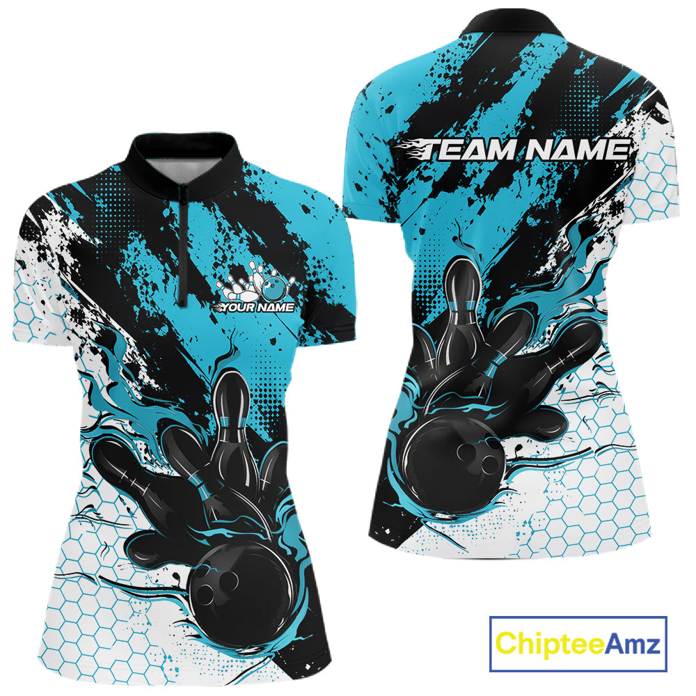 Custom Turquoise Blue Flame Bowling Jersey, Bowling Team Women Quarter-Zip Shirt IPHW12017