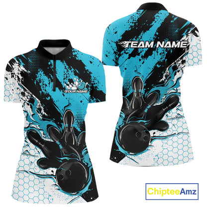 Custom Turquoise Blue Flame Bowling Jersey, Bowling Team Women Quarter-Zip Shirt IPHW12017