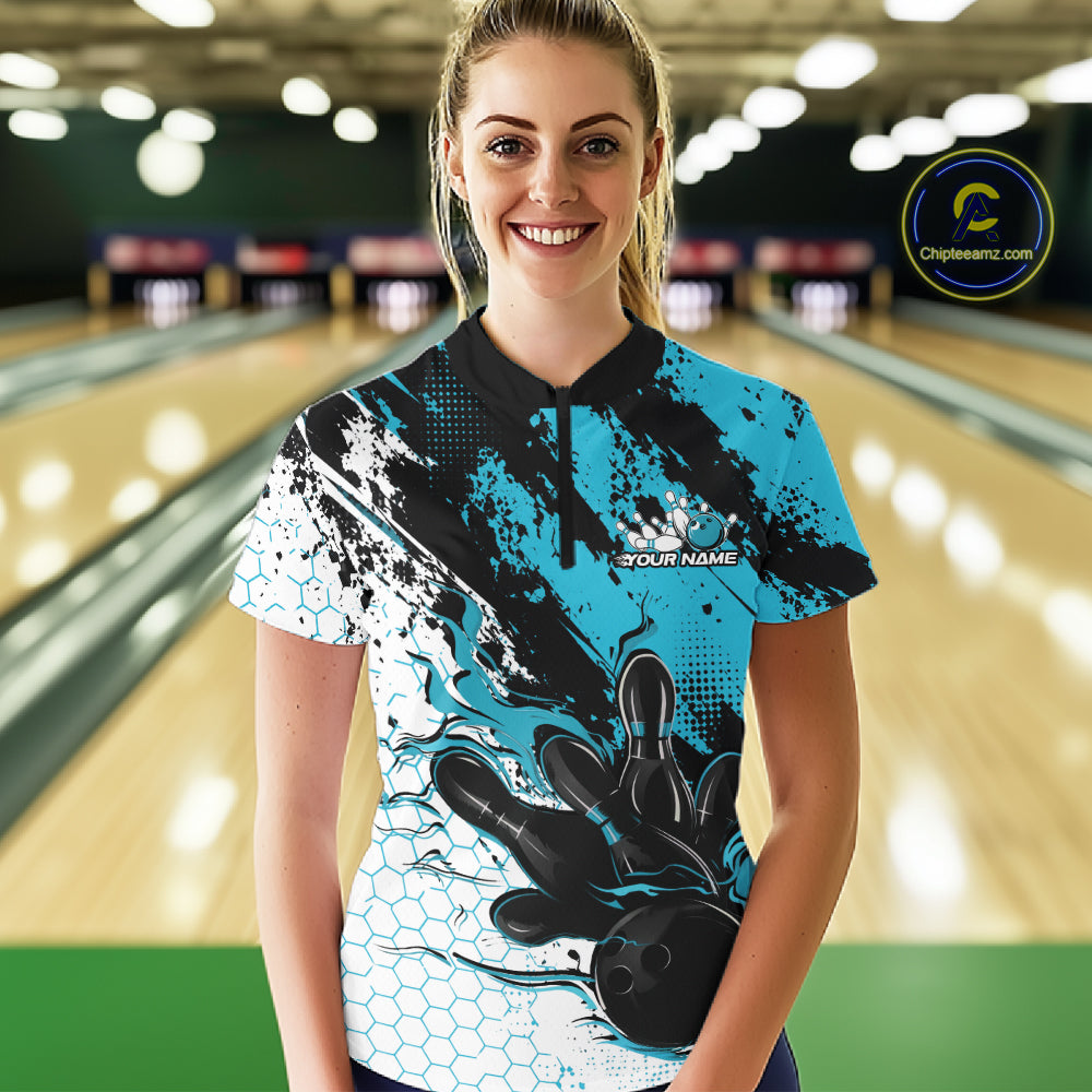 Custom Turquoise Blue Flame Bowling Jersey, Bowling Team Women Quarter-Zip Shirt IPHW12017