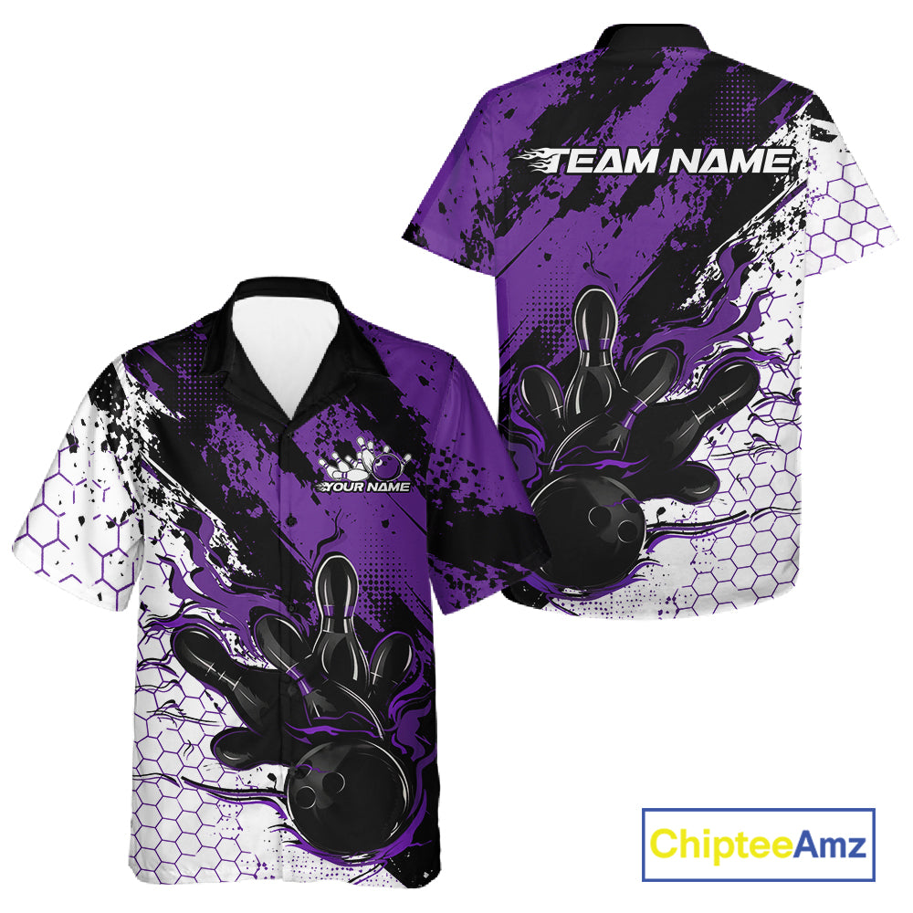 Custom Black, White And Purple Flame Bowling Jersey, Bowling Team Men And Women Button Up Shirt IPHW12018