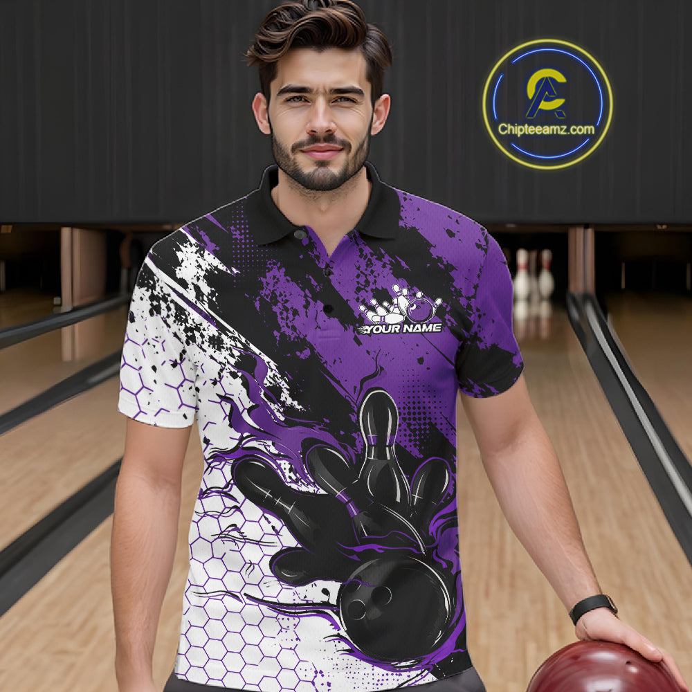 Custom Black, White And Purple Flame Bowling Jersey, Bowling Team Men Polo Shirt IPHW12018