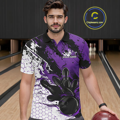 Custom Black, White And Purple Flame Bowling Jersey, Bowling Team Men Polo Shirt IPHW12018