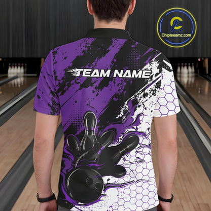 Custom Black, White And Purple Flame Bowling Jersey, Bowling Team Men Polo Shirt IPHW12018