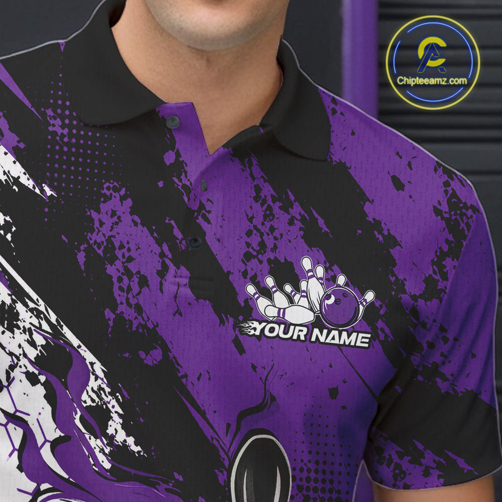Custom Black, White And Purple Flame Bowling Jersey, Bowling Team Men Polo Shirt IPHW12018