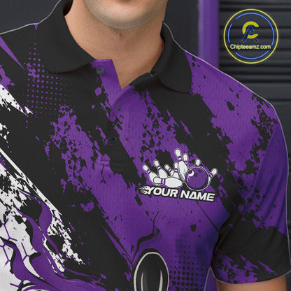 Custom Black, White And Purple Flame Bowling Jersey, Bowling Team Men Polo Shirt IPHW12018