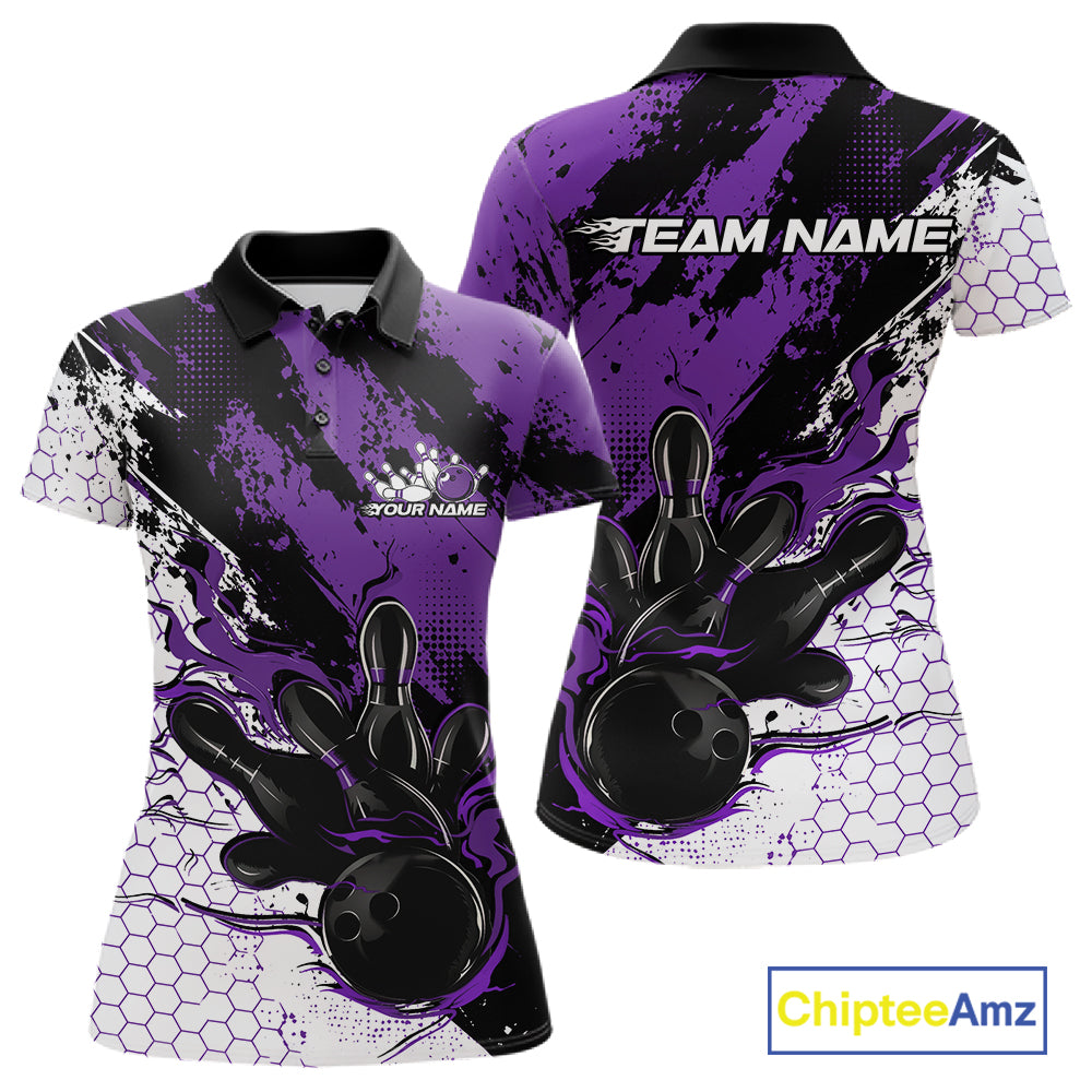 Custom Black, White And Purple Flame Bowling Jersey, Bowling Team Women Polo Shirt IPHW12018