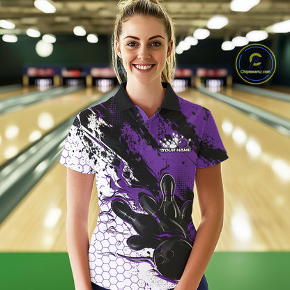Custom Black, White And Purple Flame Bowling Jersey, Bowling Team Women Polo Shirt IPHW12018