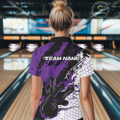 Custom Black, White And Purple Flame Bowling Jersey, Bowling Team Women Polo Shirt IPHW12018