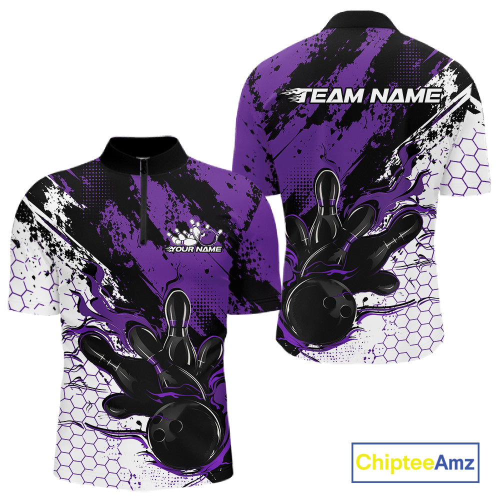 Custom Black, White And Purple Flame Bowling Jersey, Bowling Team Men Quarter Zip Shirt IPHW12018