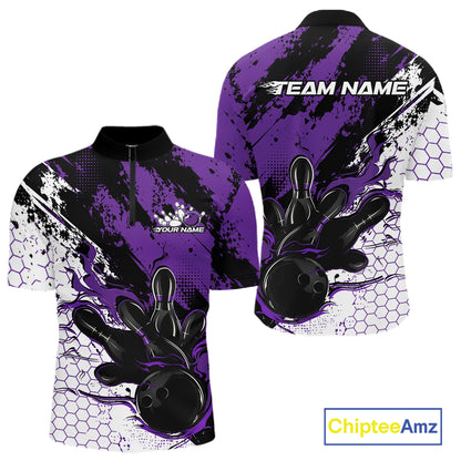 Custom Black, White And Purple Flame Bowling Jersey, Bowling Team Men Quarter Zip Shirt IPHW12018