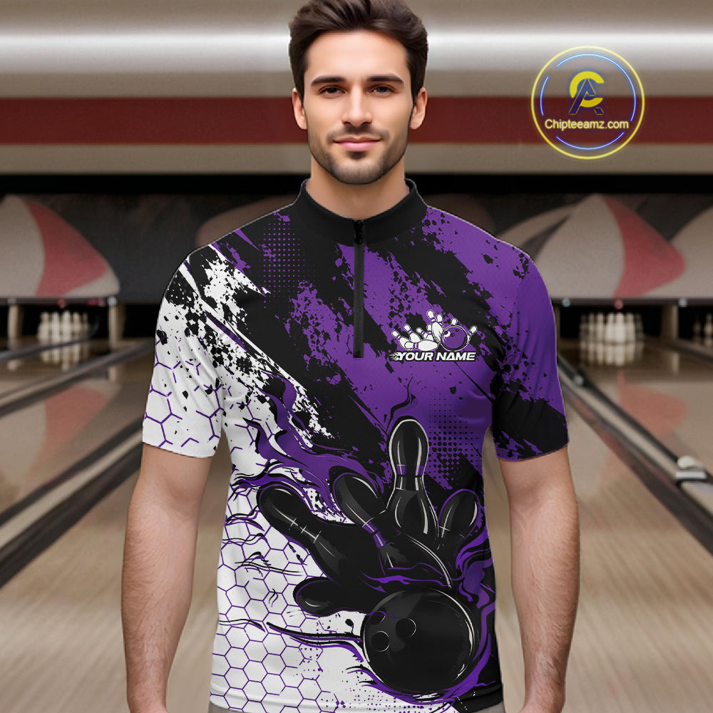 Custom Black, White And Purple Flame Bowling Jersey, Bowling Team Men Quarter Zip Shirt IPHW12018