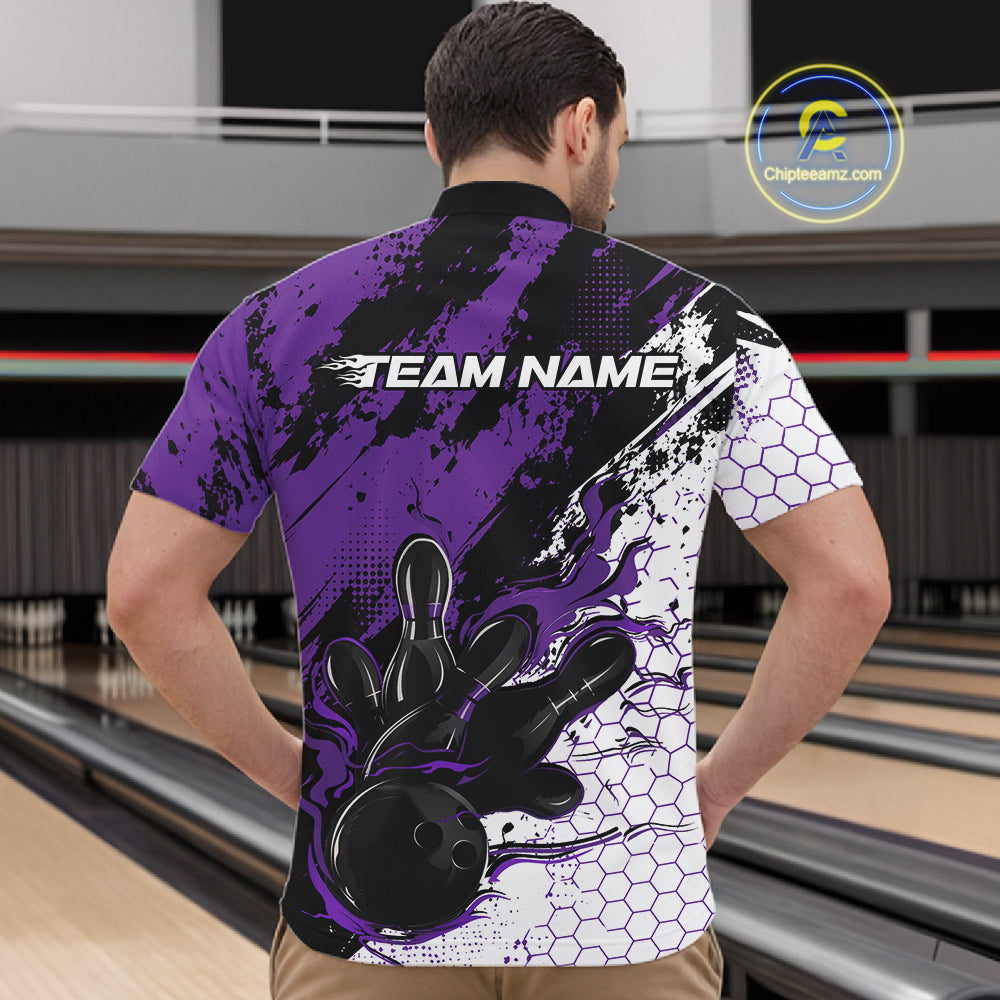 Custom Black, White And Purple Flame Bowling Jersey, Bowling Team Men Quarter Zip Shirt IPHW12018