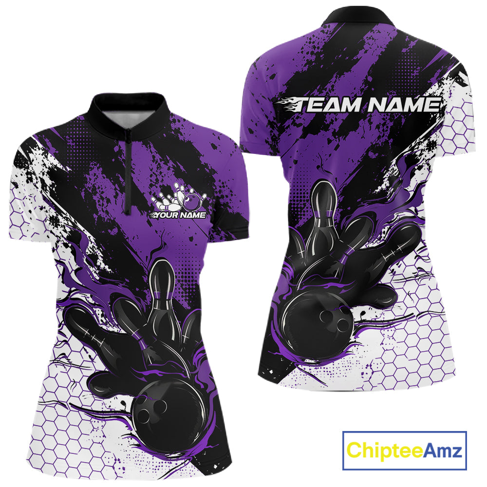 Custom Purple Flame Bowling Jersey, Bowling Team Women Quarter-Zip Shirt IPHW12018