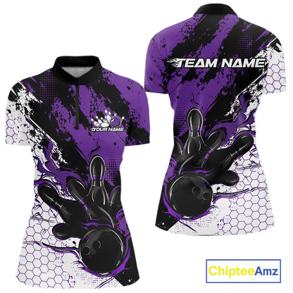 Custom Purple Flame Bowling Jersey, Bowling Team Women Quarter-Zip Shirt IPHW12018