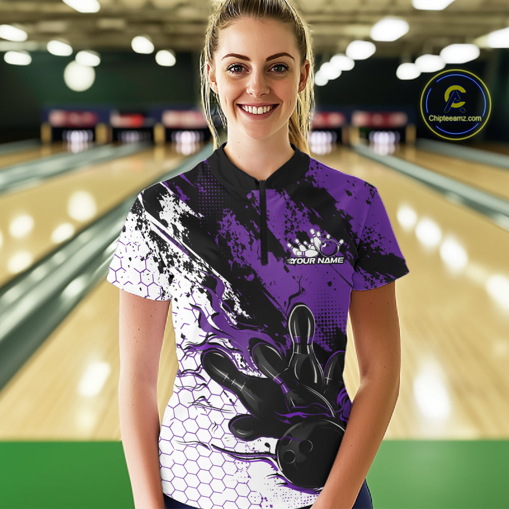 Custom Purple Flame Bowling Jersey, Bowling Team Women Quarter-Zip Shirt IPHW12018
