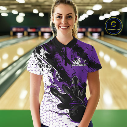 Custom Purple Flame Bowling Jersey, Bowling Team Women Quarter-Zip Shirt IPHW12018
