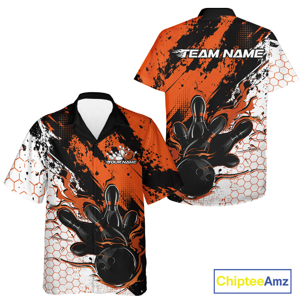 Custom Black, White And Orange Flame Bowling Jersey, Bowling Team Men And Women Button Up Shirt IPHW12019