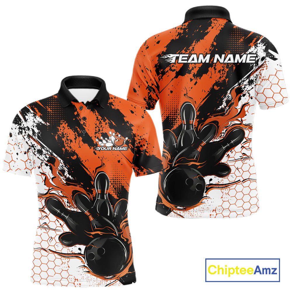 Custom Black, White And Orange Flame Bowling Jersey, Bowling Team Men Polo Shirt IPHW12019