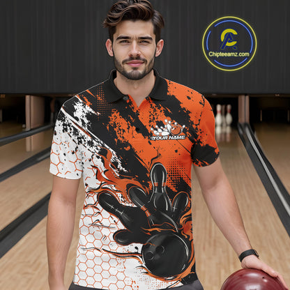 Custom Black, White And Orange Flame Bowling Jersey, Bowling Team Men Polo Shirt IPHW12019