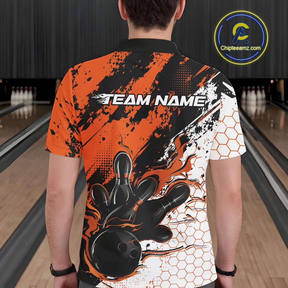 Custom Black, White And Orange Flame Bowling Jersey, Bowling Team Men Polo Shirt IPHW12019