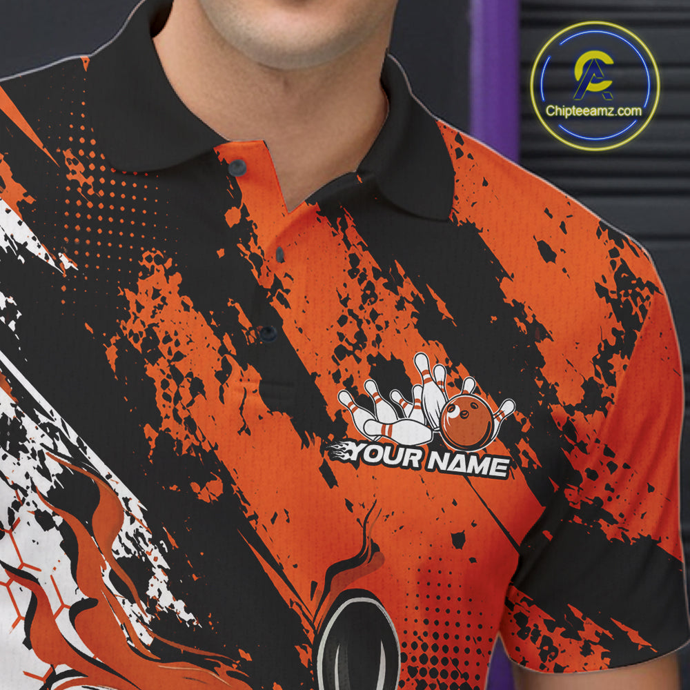 Custom Black, White And Orange Flame Bowling Jersey, Bowling Team Men Polo Shirt IPHW12019