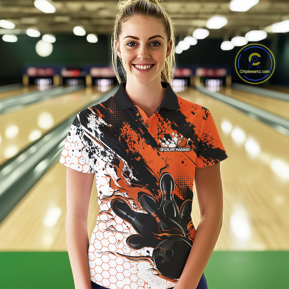 Custom Black, White And Orange Flame Bowling Jersey, Bowling Team Women Polo Shirt IPHW12019