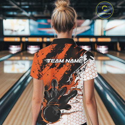Custom Black, White And Orange Flame Bowling Jersey, Bowling Team Women Polo Shirt IPHW12019