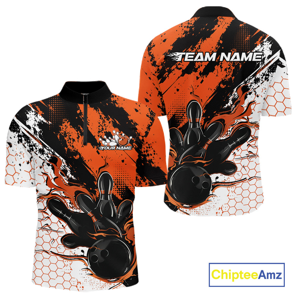 Custom Black, White And Orange Flame Bowling Jersey, Bowling Team Men Quarter Zip Shirt IPHW12019