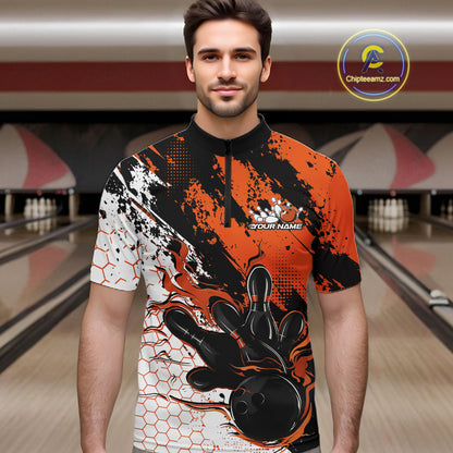 Custom Black, White And Orange Flame Bowling Jersey, Bowling Team Men Quarter Zip Shirt IPHW12019