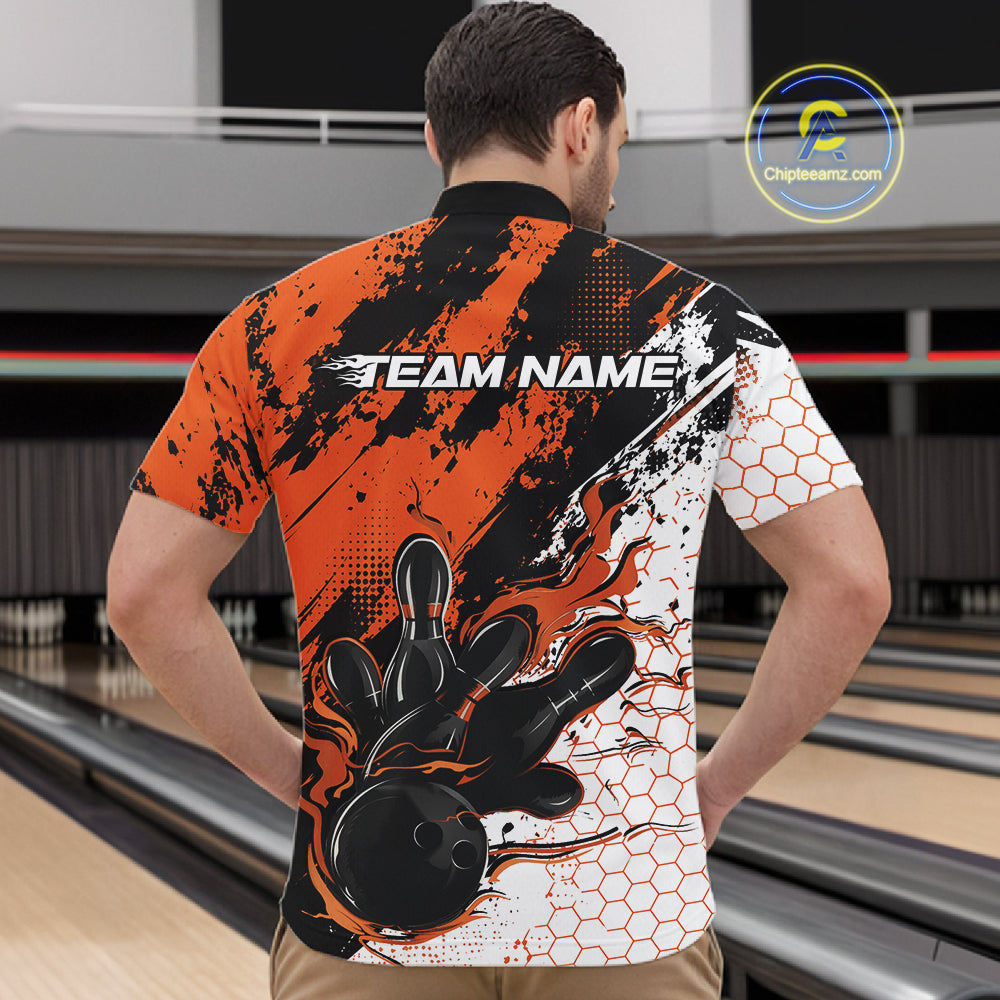 Custom Black, White And Orange Flame Bowling Jersey, Bowling Team Men Quarter Zip Shirt IPHW12019