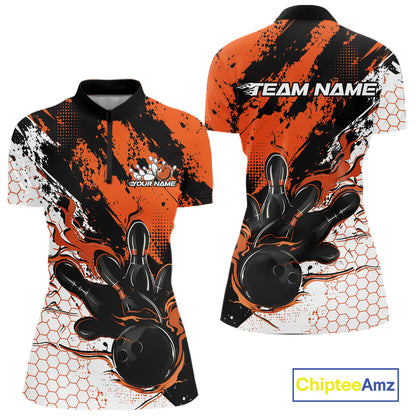 Custom Orange Flame Bowling Jersey, Bowling Team Women Quarter-Zip Shirt IPHW12019