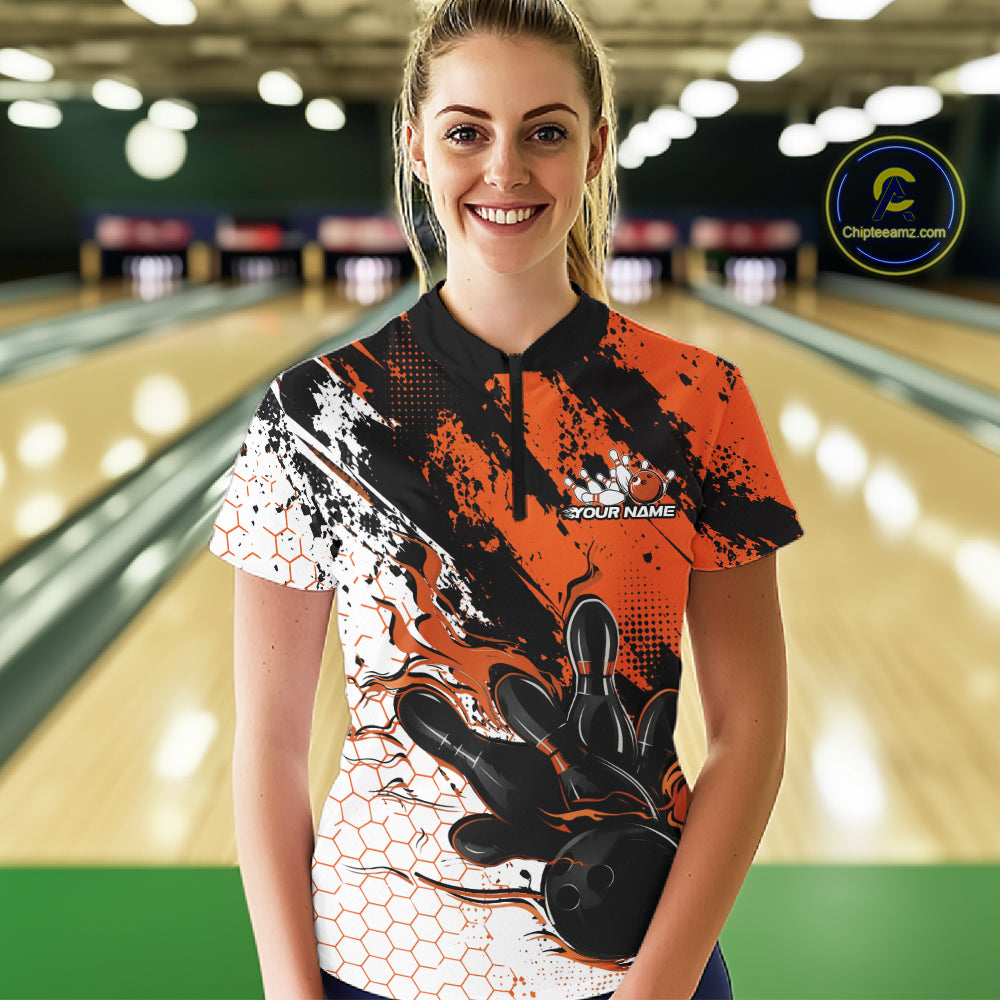Custom Orange Flame Bowling Jersey, Bowling Team Women Quarter-Zip Shirt IPHW12019