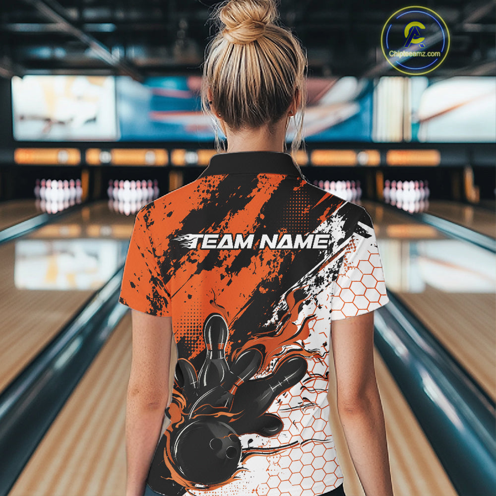 Custom Orange Flame Bowling Jersey, Bowling Team Women Quarter-Zip Shirt IPHW12019