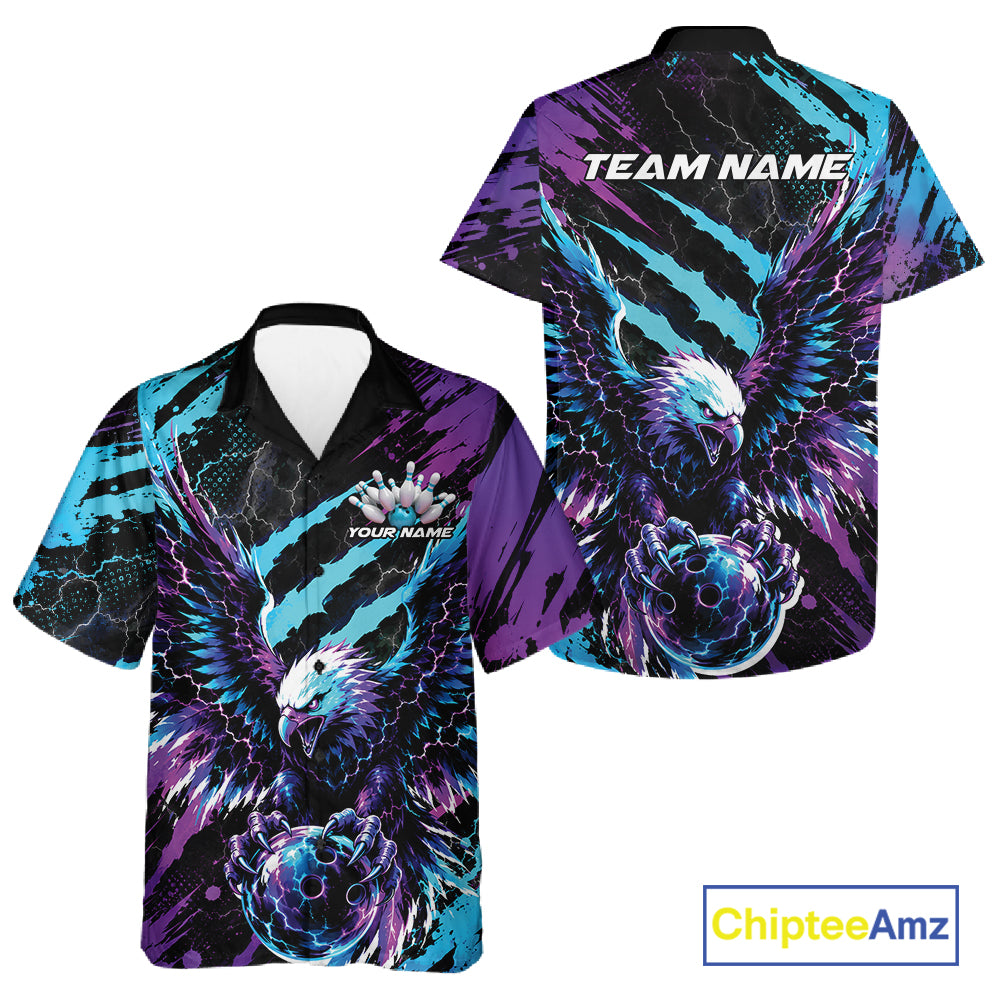 Custom Blue And Purple Claw Marks Eagle Bowling Men And Women Button Up Shirt, Eagle Bowling Jersey IPHW12042