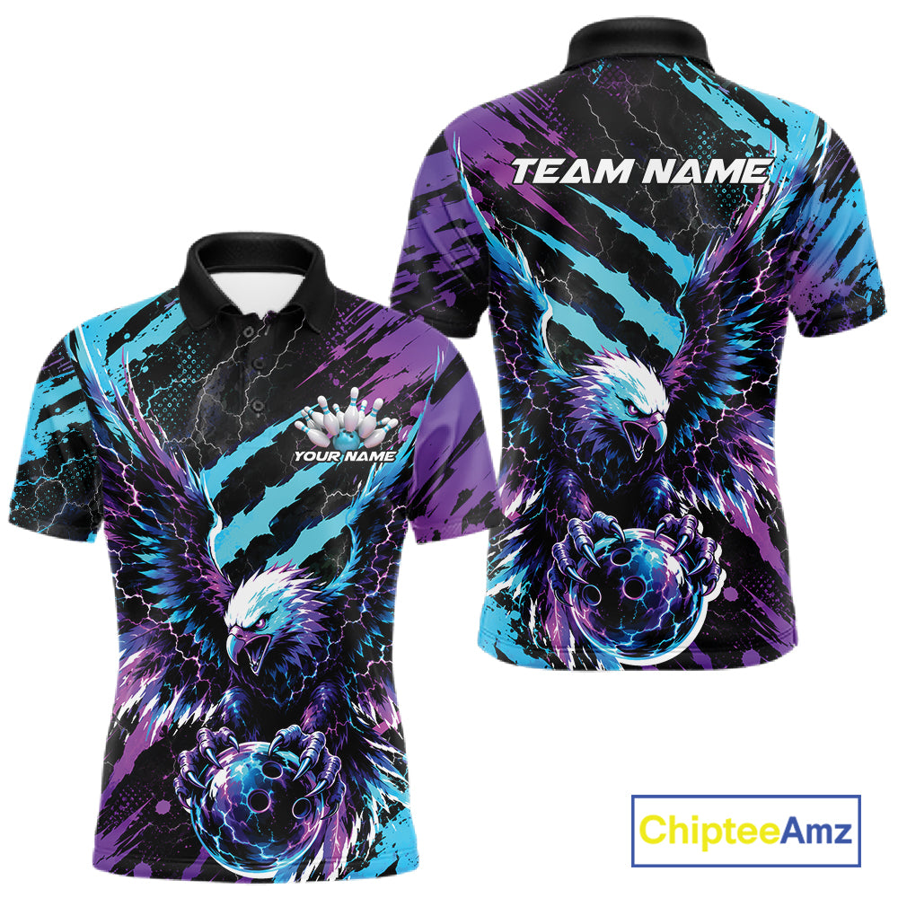 Custom Blue And Purple Claw Marks Eagle Bowling Men Polo Shirt, Eagle Bowling Jersey IPHW12042