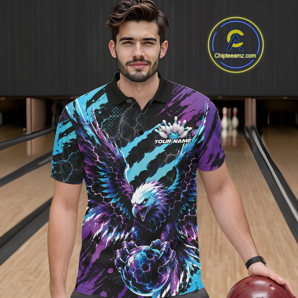 Custom Blue And Purple Claw Marks Eagle Bowling Men Polo Shirt, Eagle Bowling Jersey IPHW12042