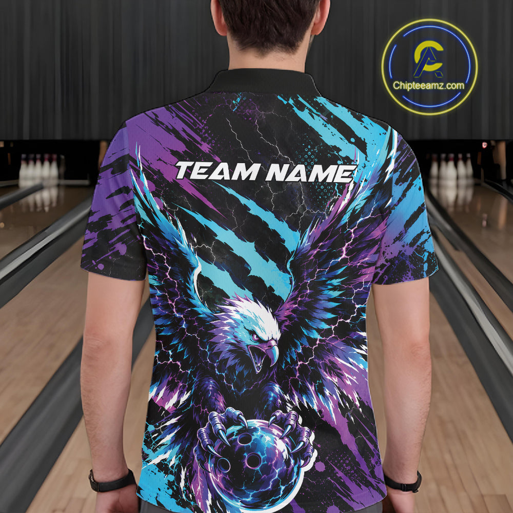 Custom Blue And Purple Claw Marks Eagle Bowling Men Polo Shirt, Eagle Bowling Jersey IPHW12042