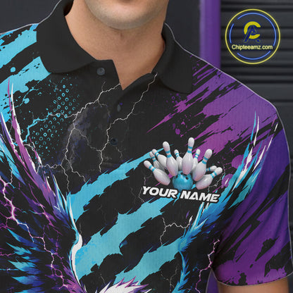 Custom Blue And Purple Claw Marks Eagle Bowling Men Polo Shirt, Eagle Bowling Jersey IPHW12042