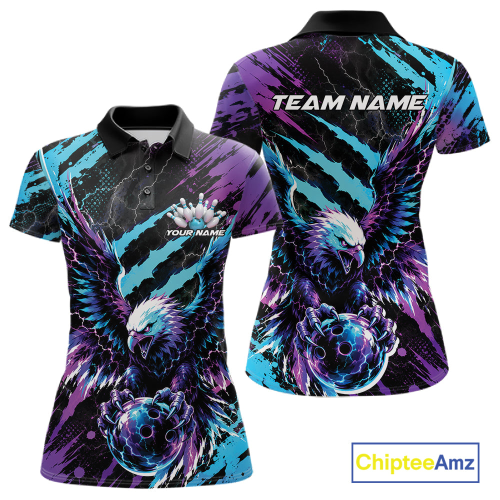 Custom Blue And Purple Claw Marks Eagle Bowling Women Polo Shirt, Eagle Bowling Jersey IPHW12042