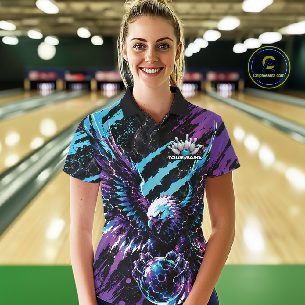 Custom Blue And Purple Claw Marks Eagle Bowling Women Polo Shirt, Eagle Bowling Jersey IPHW12042