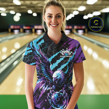 Custom Blue And Purple Claw Marks Eagle Bowling Women Polo Shirt, Eagle Bowling Jersey IPHW12042