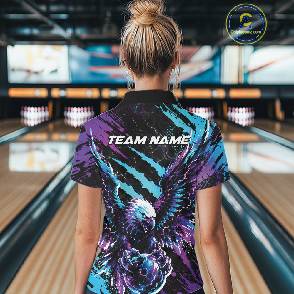 Custom Blue And Purple Claw Marks Eagle Bowling Women Polo Shirt, Eagle Bowling Jersey IPHW12042