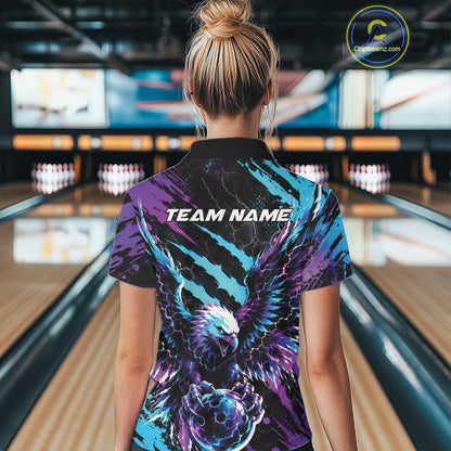 Custom Blue And Purple Claw Marks Eagle Bowling Women Polo Shirt, Eagle Bowling Jersey IPHW12042
