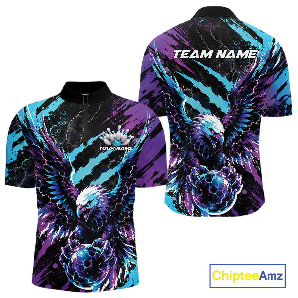 Custom Blue And Purple Claw Marks Eagle Bowling Men Quarter Zip Shirt, Eagle Bowling Jersey IPHW12042