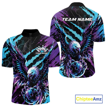 Custom Blue And Purple Claw Marks Eagle Bowling Men Quarter Zip Shirt, Eagle Bowling Jersey IPHW12042