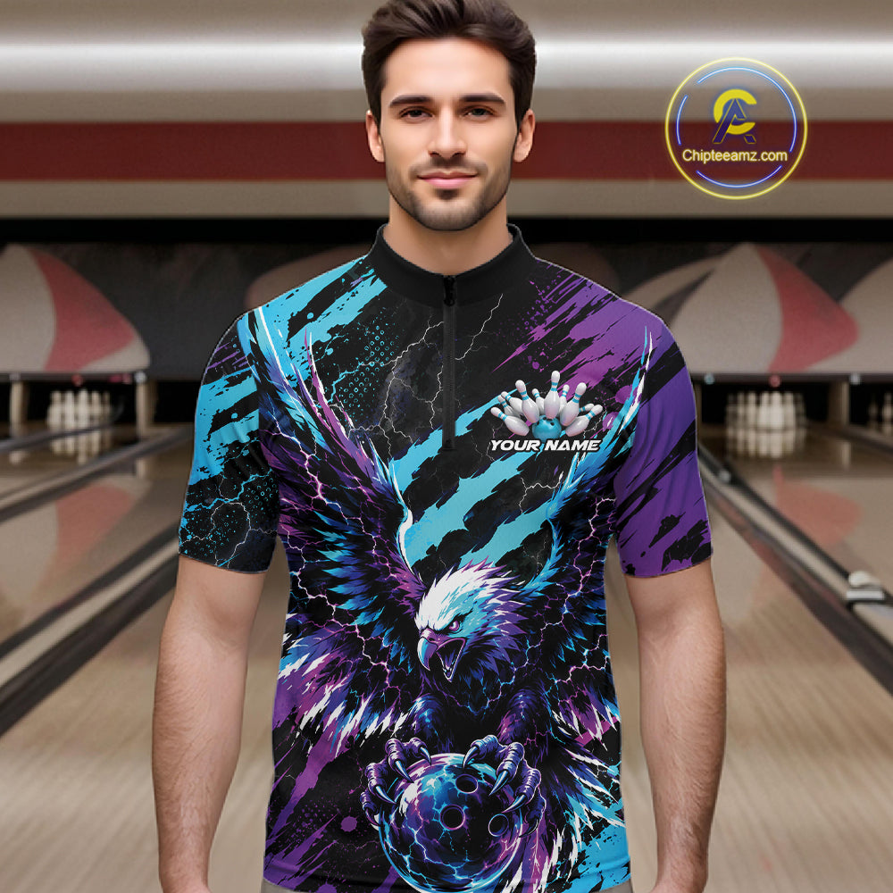 Custom Blue And Purple Claw Marks Eagle Bowling Men Quarter Zip Shirt, Eagle Bowling Jersey IPHW12042