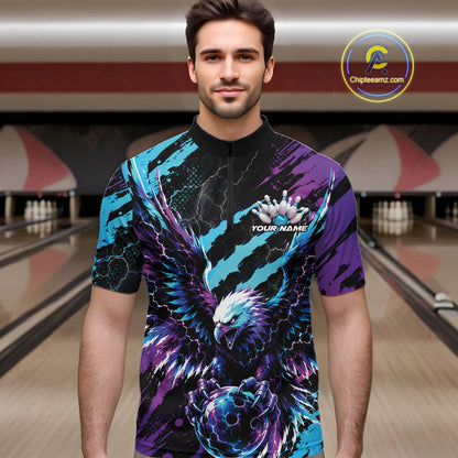Custom Blue And Purple Claw Marks Eagle Bowling Men Quarter Zip Shirt, Eagle Bowling Jersey IPHW12042