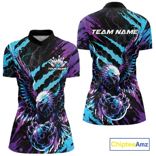 Custom Blue And Purple Claw Marks Eagle Bowling Women Quarter-Zip Shirt, Bowling Jersey IPHW12042