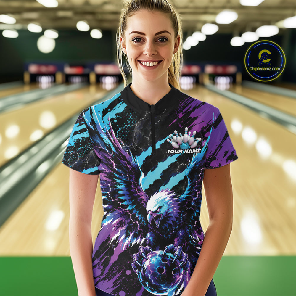 Custom Blue And Purple Claw Marks Eagle Bowling Women Quarter-Zip Shirt, Bowling Jersey IPHW12042